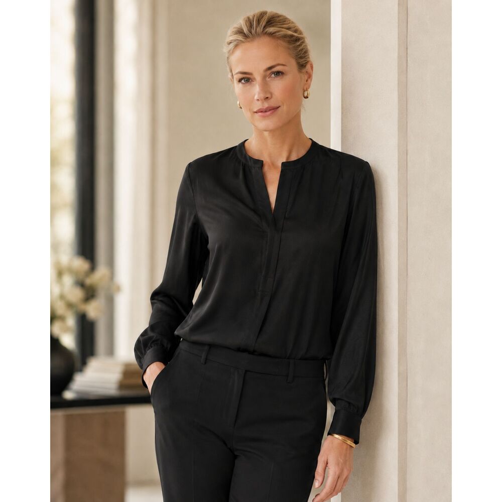 Anne Klein 100% Silk Black Blouse Women’s Size 14 Long Sleeve Minimalist